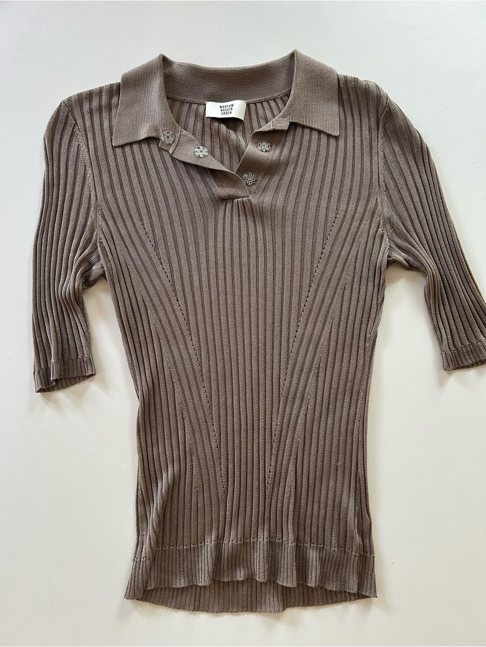 Maryam Nassir Zadeh Ribbed Polo Top in Taupe